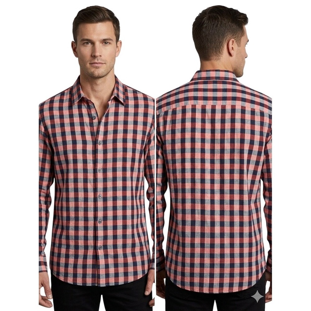 Perry Ellis‎ Mens Slim Fit Linen Buffalo Check Button Down Shirt Pink Navy Grey